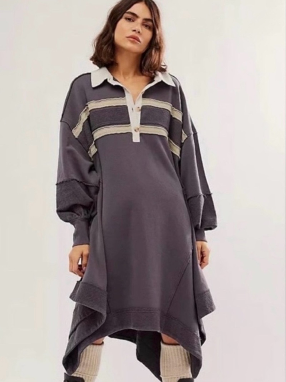 Free People Blair Relaxed Dark Blue-Gray Polo Sweatshirt Dress. NWT S.